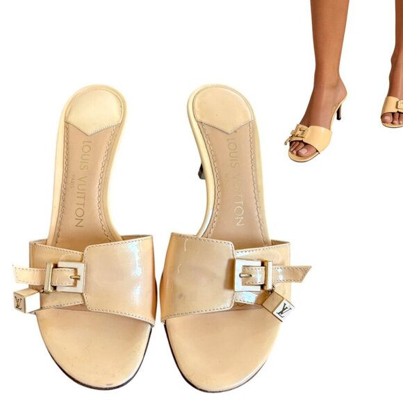 authentic LOUIS VUITTON Nude Beige LV Charm Logo Buckle Kitten Sandals Heels 5.5 - Picture 2 of 7